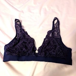 Pink navy blue lace plunge bralette
